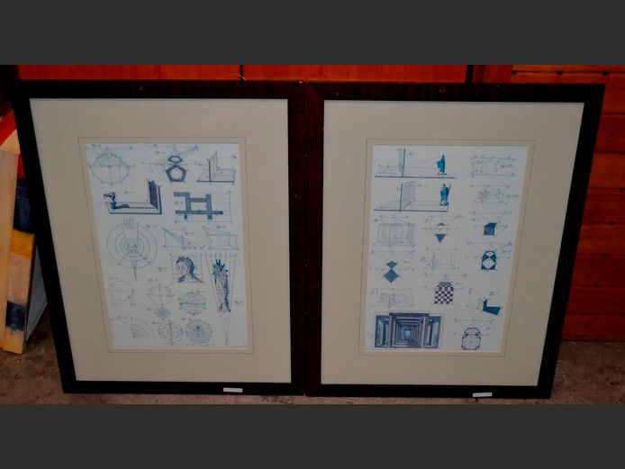 PAIR MAHOGANY FRAMED GEOMETRIC PRINTS, 51 x 32cm