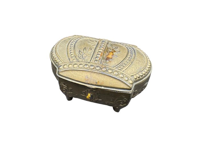 Vintage Ornate Cast Metal Jewellery Casket with Red Lined Interior
