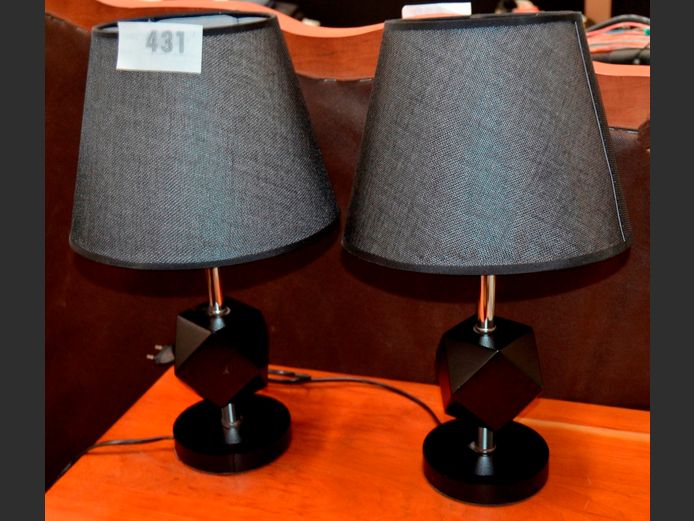 PAIR BLACK PAINTED & CHROME BEDSIDE LAMPS WITH SHADES, 41cm High