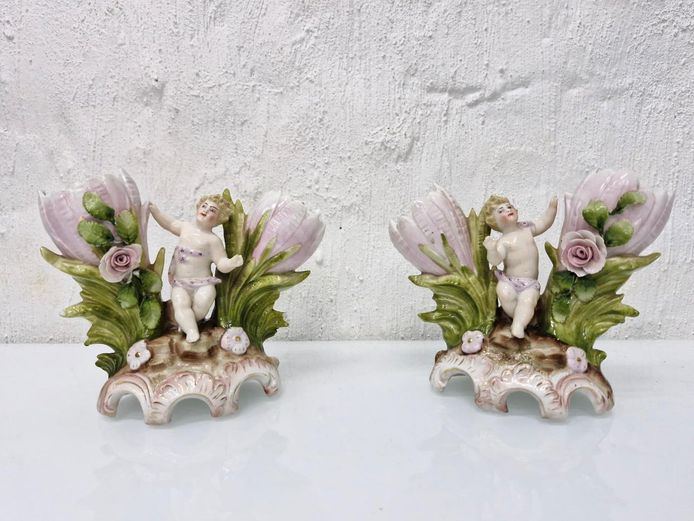Vintage Porcelain Cherub Tulip Spill Vases