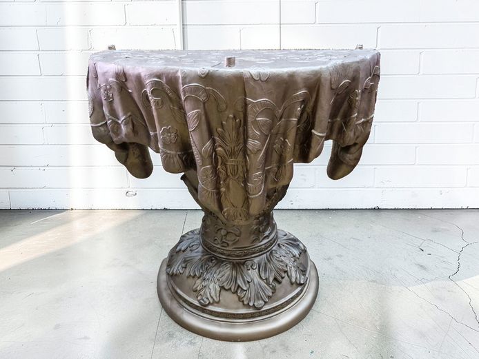 Drapery-Style Resin Demi-Lune Half Moon Table with Glass Top