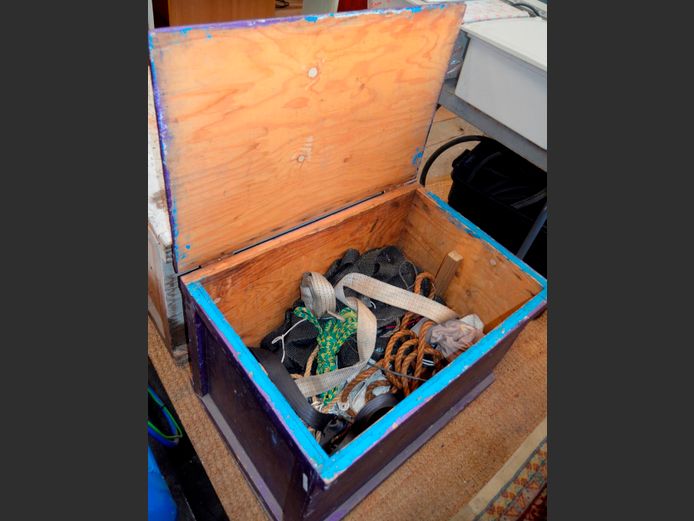 PURPLE WOODEN TOOLBOX WITH CONTENTS, 75 x 51 x 51cm