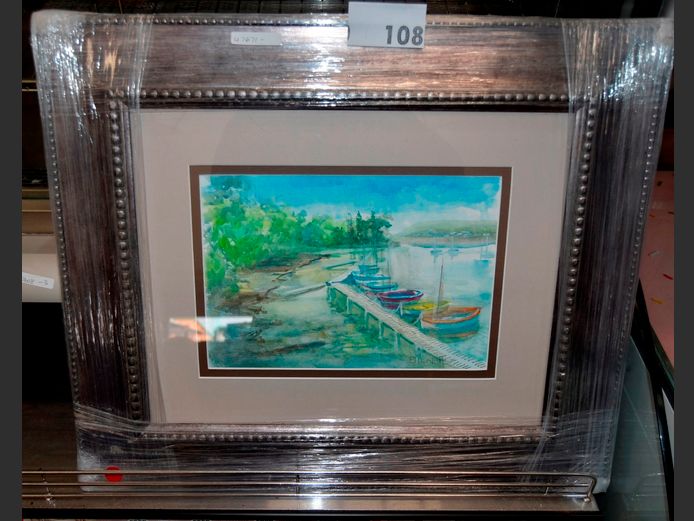 SILVER GILT FRAMED OIL ON BOARD "FISHING BOATS", 29 x 20cm