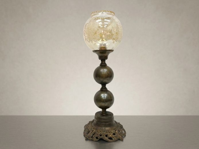 Vintage Brass & Etched Glass Table Lamp with Double-Globe Body, Mid-20th Century