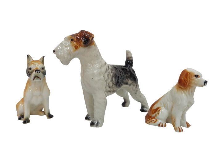 Trio of Vintage Japanese Glazed Porcelain Dog Figurines (Fox Terrier, Boxer & Spaniel)