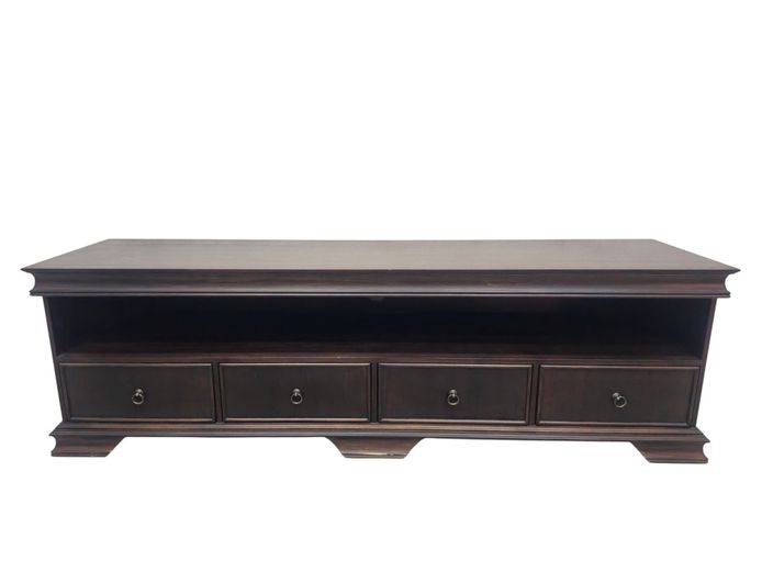 Dark Wood Media Console Cabinet with Open Shelf and 4 Drawers