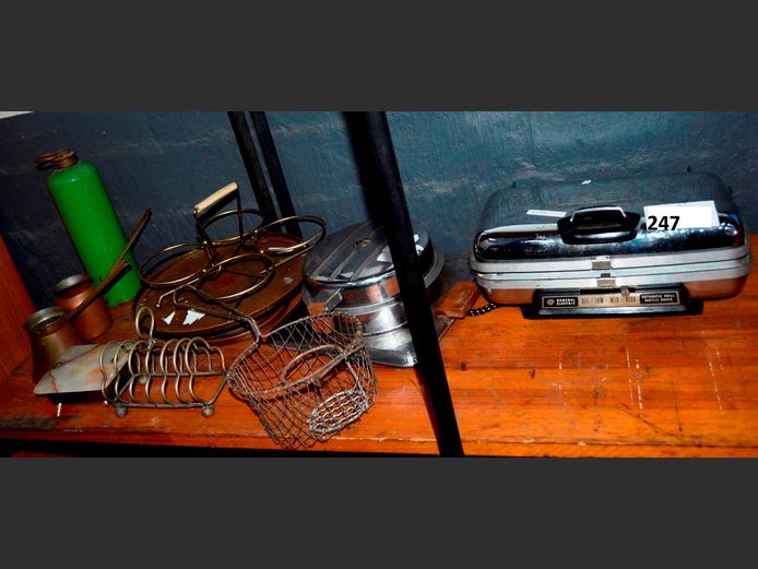 VINTAGE STOVE TOP WAFFLE MAKER, GENERAL ELECTRIC AUTO GRILL/ WAFFLE MAKER  [Faulty, trips power], BRASS TAZZA STAND, TURKISH COFFEE POT, TOAST RACK, etc [139,200]