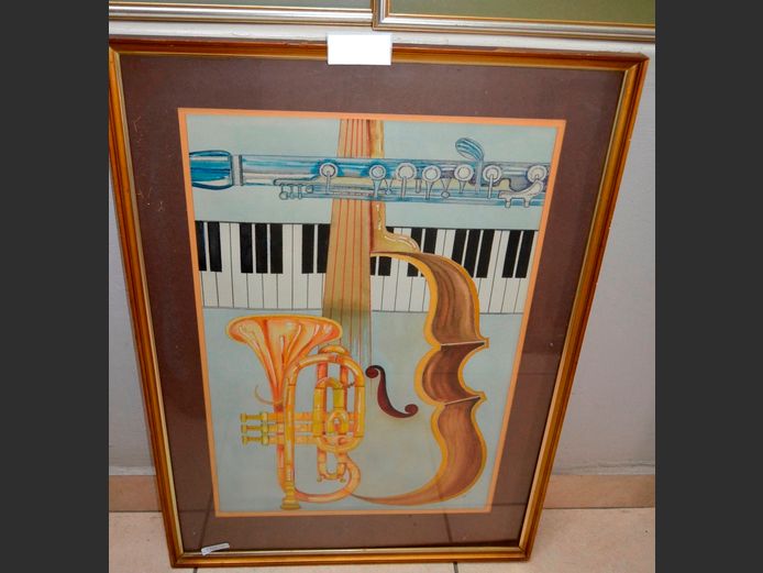 GILT FRAMED WATERCOLOUR "MUSICAL INSTRUMENTS", 66 x 43cm