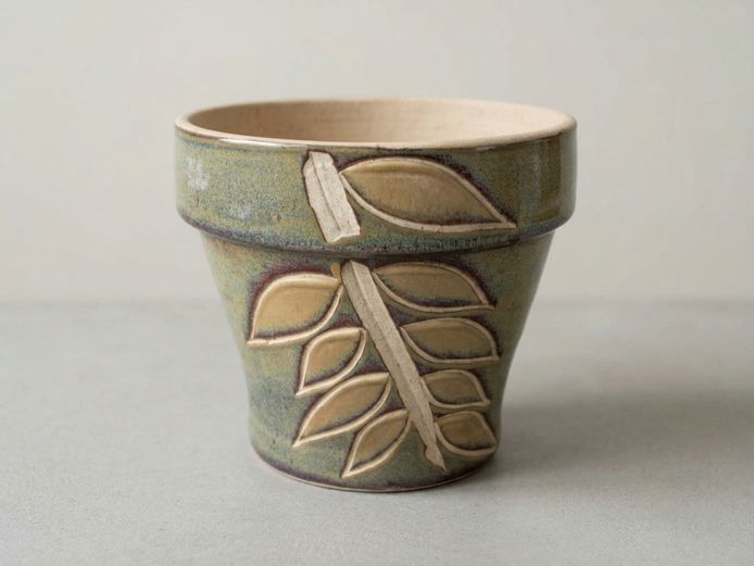 Large Hand-Carved Studio Pottery Planter with Leaf Motif
