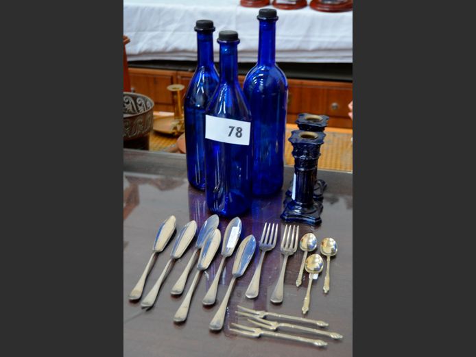 PAIR CANDLESTICKS, SILVER PLATE FISH FORKS, BISHOPS SPOONS & FORKS, etc