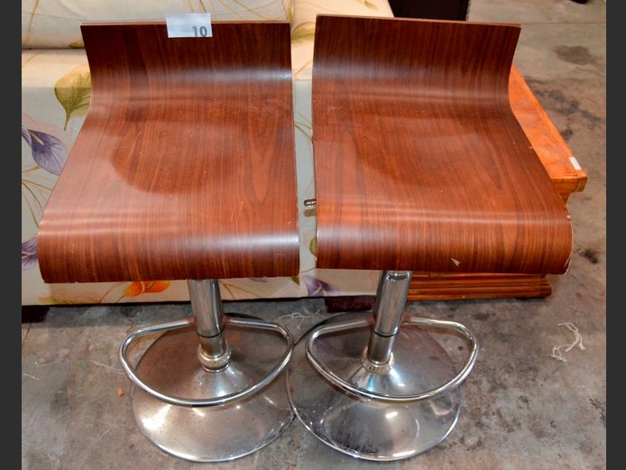 PAIR IMBUIA FINISH & CHROME GAS LIFT BAR CHAIRS