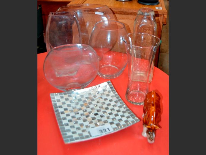 GLASS VASES, MOSAIC SQUARE PLATE, etc