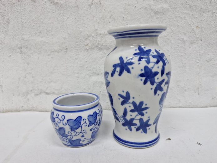 Blue and White Floral Ceramic Vase & Miniature Planter
