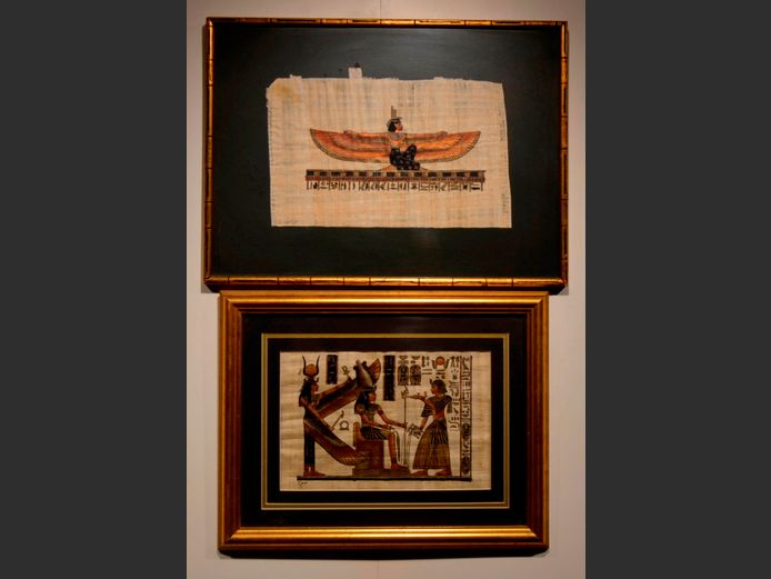 LOT OF 2: GILT FRAMED EGYPTIAN ARTWORKS ON PAPYRUS, 34 x 22.2cm & 29.4 x 19.2cm