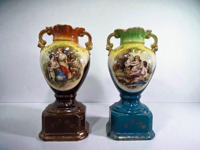 Antique Decorative Urn Vases with Pastoral Scenes