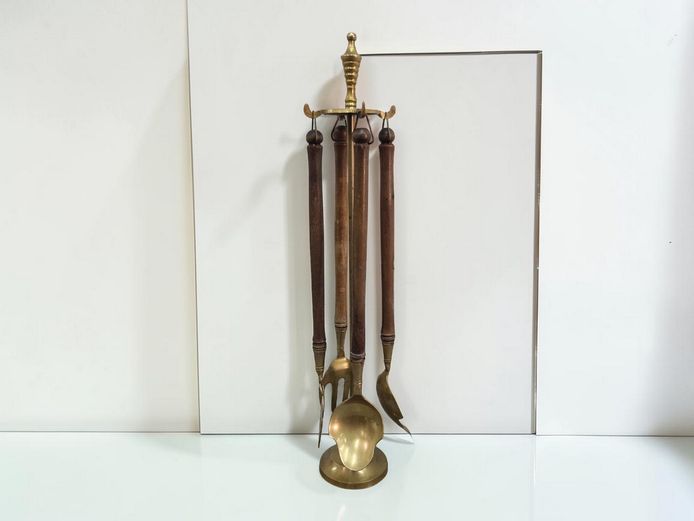 Vintage Brass & Turned Wood 5-Piece Companion Fireplace Tool Set