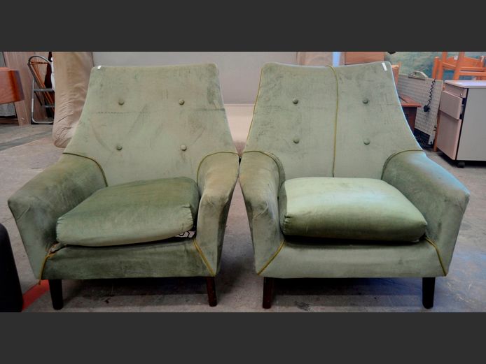 PAIR MID-CENTURY OLIVE UPHOLSTERED ARMCHAIRS [Needs re-covering]