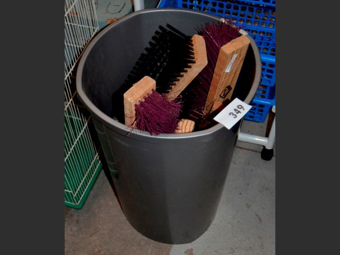 ASSORTED HARD BRISTLE BROOM HEADS IN PLASTIC BIN