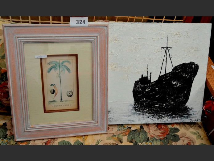 UNFRAMED OIL ON CANVAS "SHIP" & A FRAMED PALM TREE PRINT
