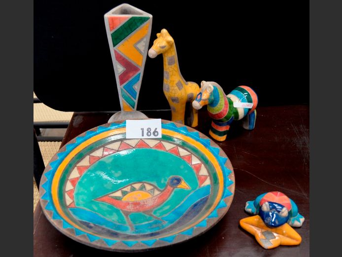 RAKU POTTERY: VASE, BOWL & FIGURINES