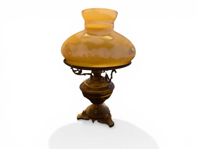 Vintage Brass "Oil Lamp" Styled Lamp with Amber Glass Shade