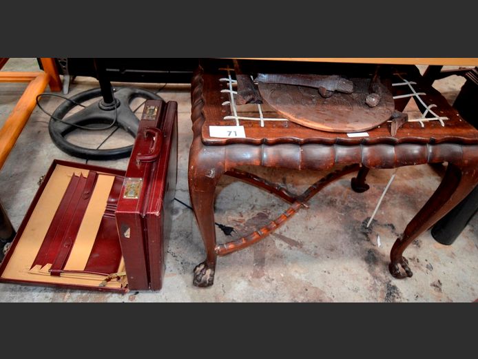 IMBUIA & RIEMPIE STOOL, 65 x 41 x 53cm [Strut needed, riempies need replacing]