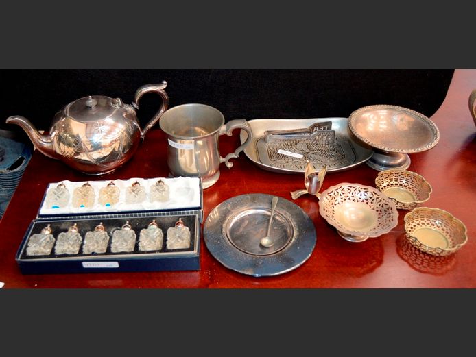 SILVER PLATE TEAPOT, SHEFFIELD PEWTER BEER STEIN, etc