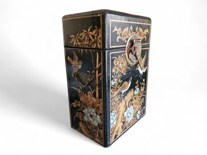 Antique Chinese Lacquered Wood Box with Brass Mounts