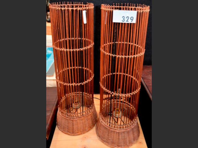 PAIR WICKER TABLE LAMPS, 20cm Diameter x 56cm High