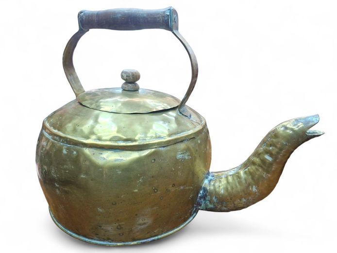 Large Primitive Brass Kettle with Wooden Handle