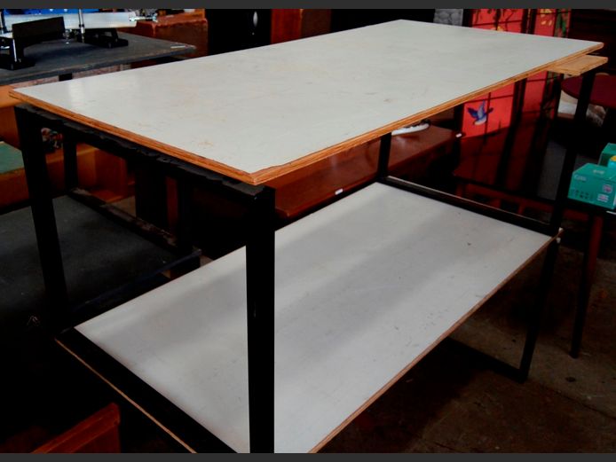 METAL WORK TABLE WITH WHITE TOP, 180 x 80 x 74cm