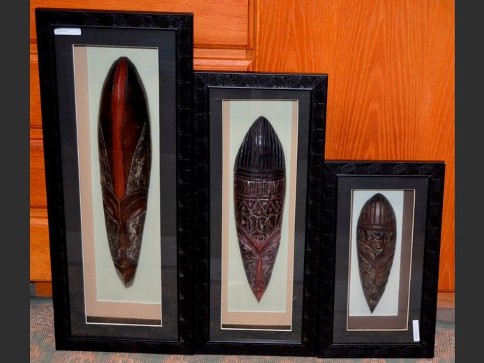 SET OF 3 BOX FRAMED AFRICAN MASKS, 27.5 x 8 x 70cm, 24.5 x 7 x 58.5cm & 23.5 x 6.5 x 41cm