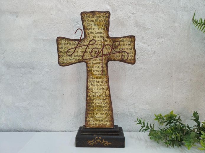 Standing Cross Religious Décor on Wooden Plinth