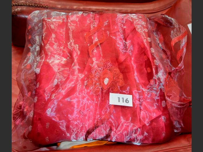 LOT: GREY & BURGUNDY SHEER CURTAINS & ORANGE SUNFLOWER CURTAIN [Need a clean]