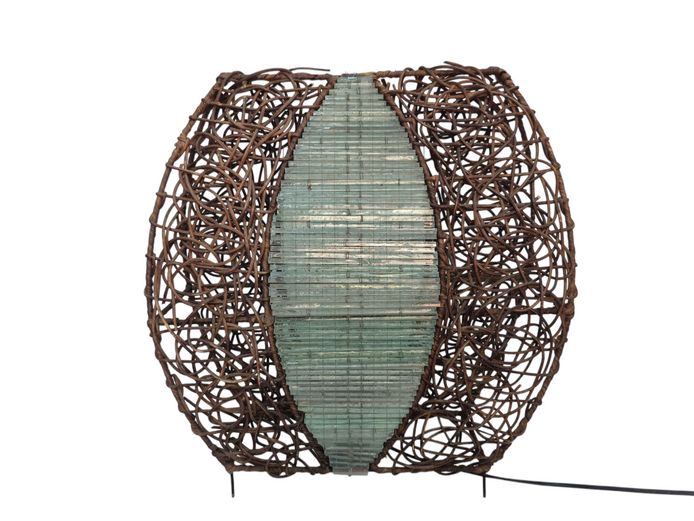 Artisanal Woven Vine & Stacked Glass Accent Table Lamp