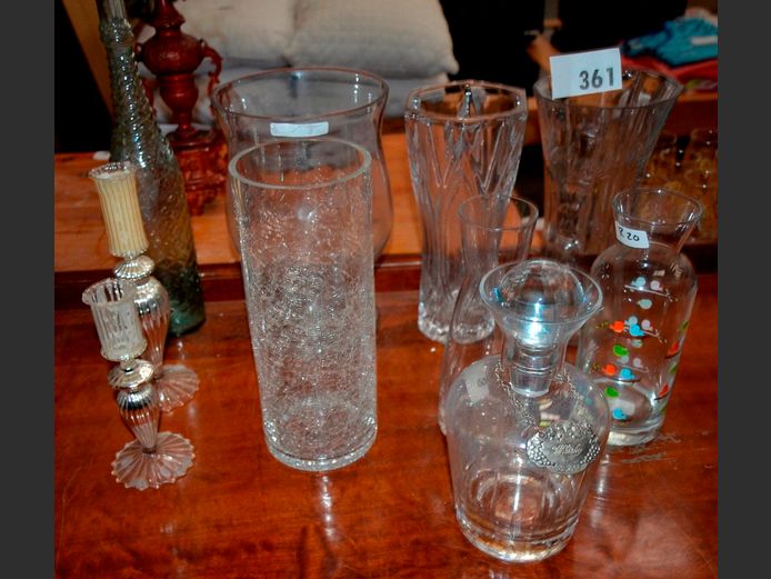 CUT GLASS VASE, GLASS CARAFES, CANDLE HOLDERS, etc