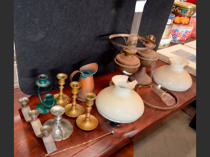 BRASS OIL LAMPS, BRASS CANDLESTICKS, COPPER JUG, etc