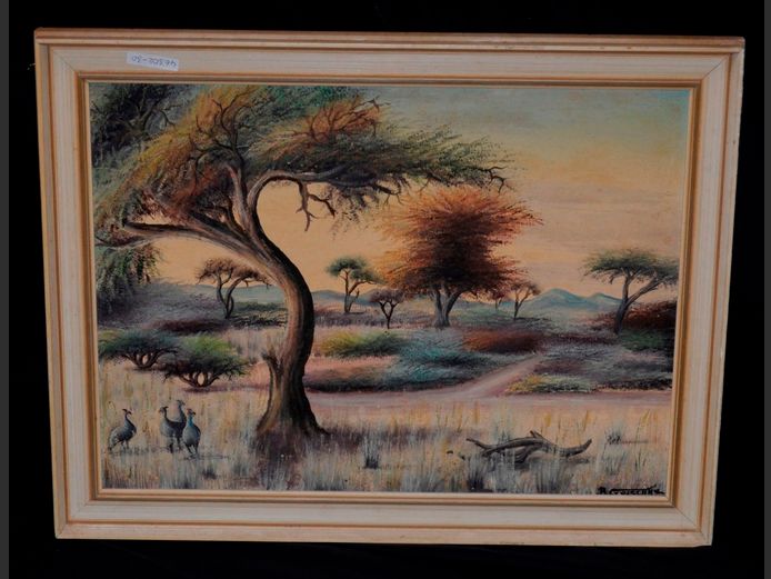 FRAMED OIL ON BOARD "BUSHVELD", SIGNED B. GESCHKE, 53 x 39cm
