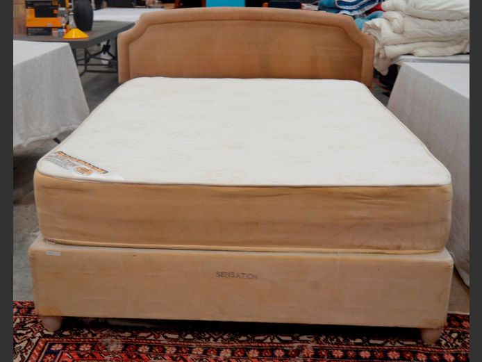 SLEEPWELL SENSATION DOUBLE BED BASE & MATTRESS SET WITH BEIGE PADDED HEADBOARD