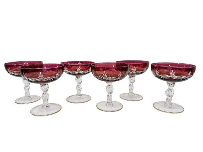 Vintage Bohemian Ruby Cut-to-Clear Champagne Coupes