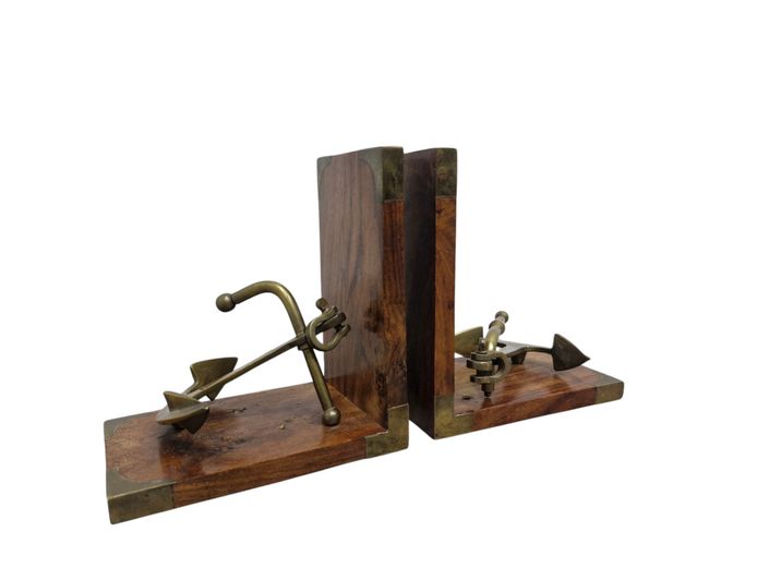 Set of Nautical Wood and Brass Anchor Bookends