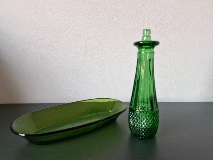 Emerald Green Pressed Glass Bottle & Mid-Century Oval Dish