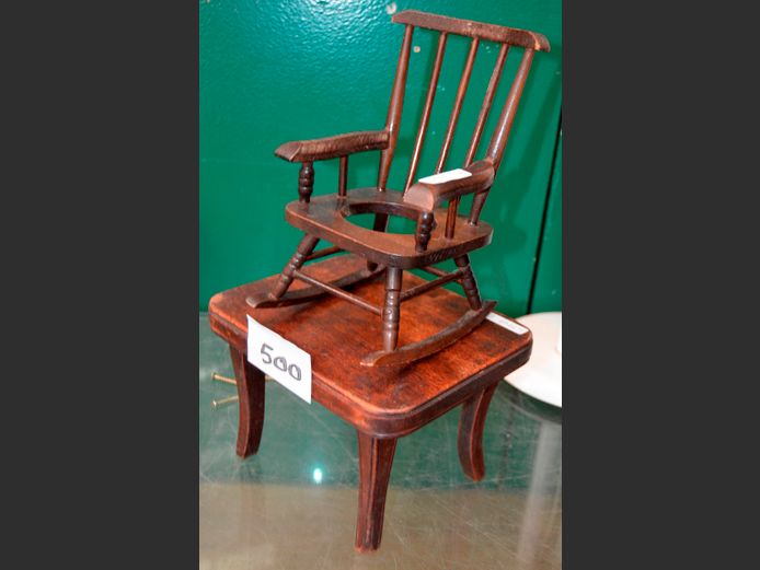 MINIATURE TABLE & MINIATURE ROCKING COMMODE ARMCHAIR