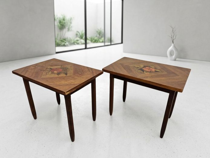 Pair of Mid-Century Floral Marquetry Inlay Side Tables