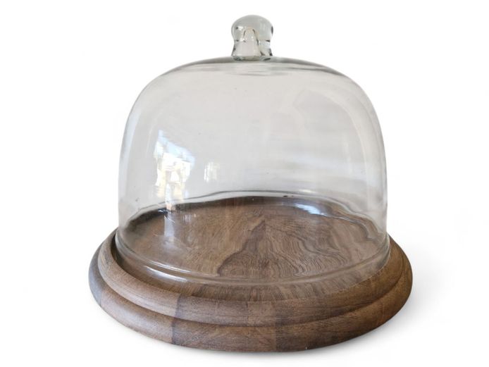Glass Cake Dome with Acacia Wood Base