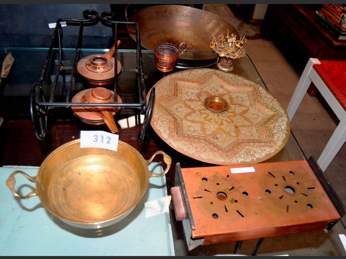 VINTAGE COPPER WARMER, BRASS TRAY, BRASS BOWL, etc