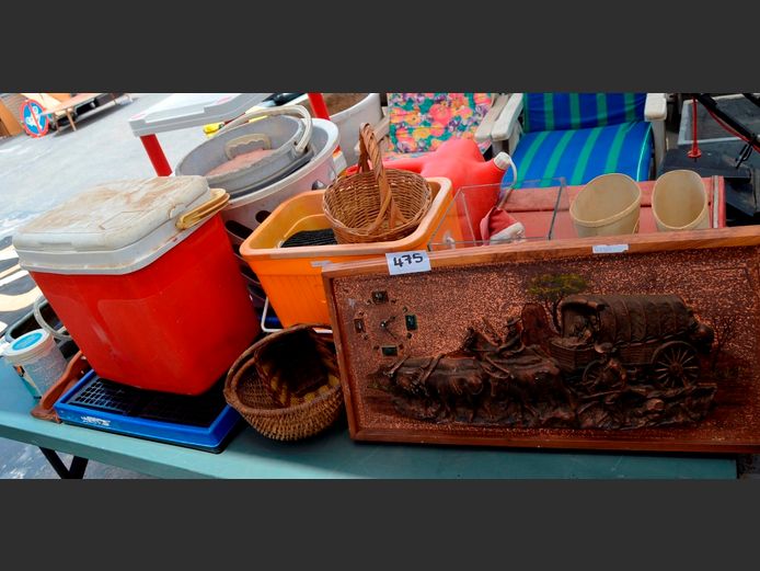 COOLER BOXES, JERRY CAN, GLASS VASE, WALL CLOCK, etc