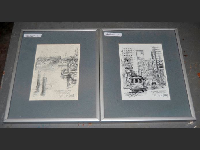 PAIR FRAMED LITHOGRAPHS OF SAN FRANCISCO: "CALIFORNIA STREET" & "FISHERMAN'S WHARF" BY DON DAVEY 1977, 15.5cm x 11cm