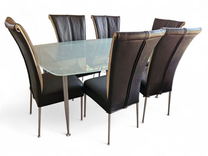 6-Seater Frosted Glass Top Table & Faux Leather Chairs