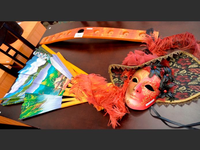 ORNAMENTAL CHINESE FANS, FEATHERED MASK & A CANDLE HOLDER